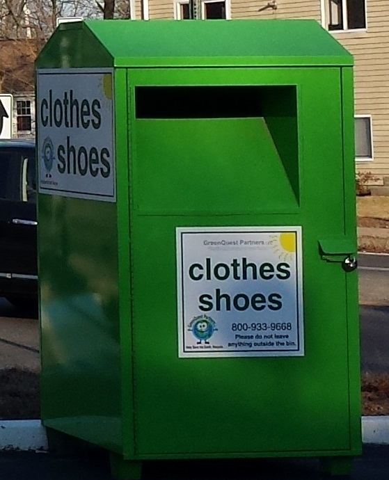 GreenQuest clothing and textile recycling bin at a Massachusetts property